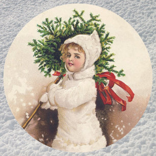 Sticker Rond Fille vintage avec arbre de Noël, Ellen Clapsaddle