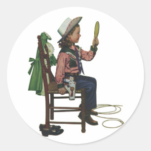 Sticker Rond Fille Vintage Cowgirl Regardant Miroir Elle est si
