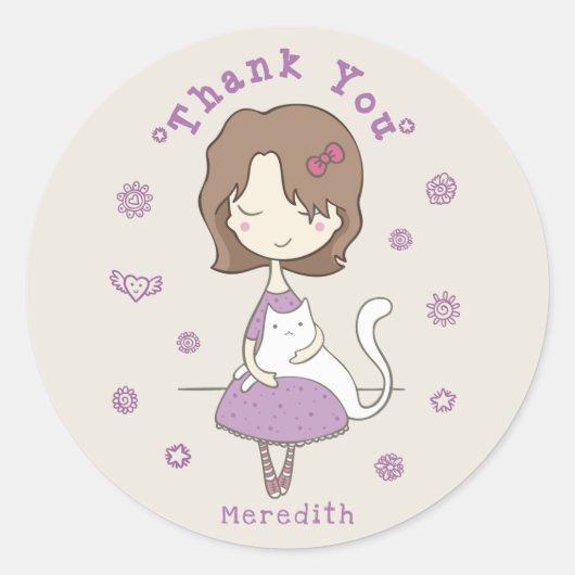 Sticker Rond Fille Whimsical Avec Chat "Merci" (Devant)