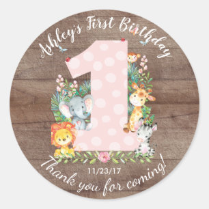 Sticker Rond Filles 1er Anniversaire Jungle Animaux Favoriser S