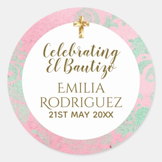 Sticker Rond Filles Bautizo Pink Mint Green Damask Gold Cross (Devant)