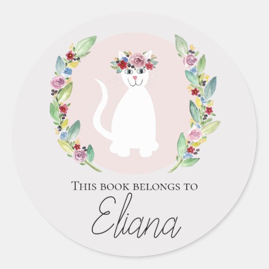 Sticker Rond Filles 'Ce Livre Appartient' Chat mignon avec Fleu (Devant)