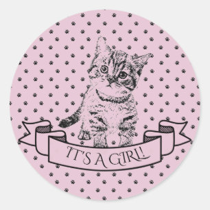 Sticker Rond Filles Cute Kitten Chat Baby shower pourpre