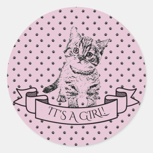 Sticker Rond Filles Cute Kitten Chat Baby shower pourpre (Devant)