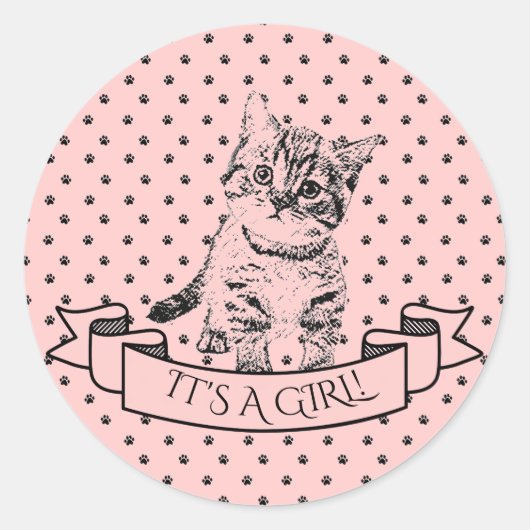 Sticker Rond Filles Cute Kitten Chat Baby shower rose (Devant)