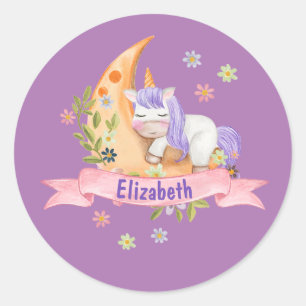 Sticker Rond Filles Cute Unicorn Fleurs Nom personnalisé Enfant
