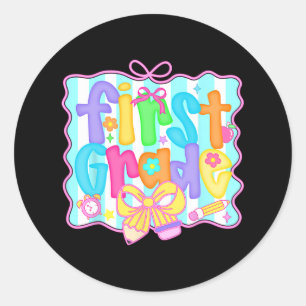 Sticker Rond Filles de 1re année de retour à l'école avec nœud