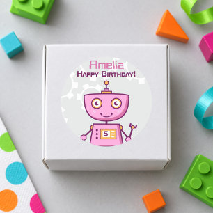 Sticker Rond Filles de robot rose Joyeux Anniversaire