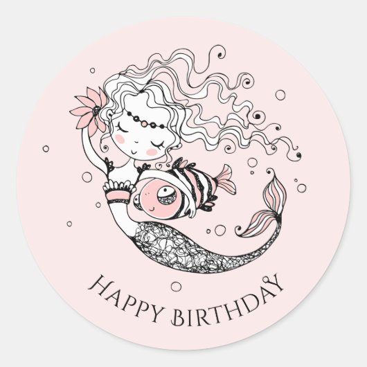Sticker Rond Filles de sirènes d'été Anniversaire rose (Devant)