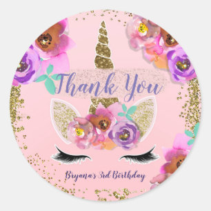 Sticker Rond Filles Fête d'anniversaire licorne pailletée or et