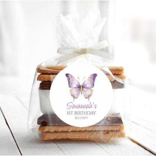 Sticker Rond Filles mignonne papillon pourpre 1er fête d'annive