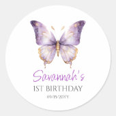 Sticker Rond Filles mignonne papillon pourpre 1er fête d'annive (Devant)
