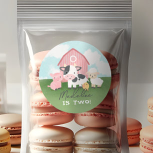 Sticker Rond Filles Mignonnes Animaux de Ferme Rose Anniversair