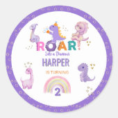 Sticker Rond Filles mignonnes Roar Dinosaur fête d'anniversaire (Devant)