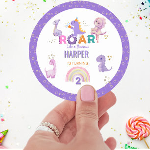 Sticker Rond Filles mignonnes Roar Dinosaur fête d'anniversaire