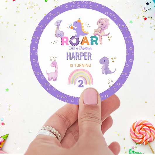 Sticker Rond Filles mignonnes Roar Dinosaur fête d'anniversaire