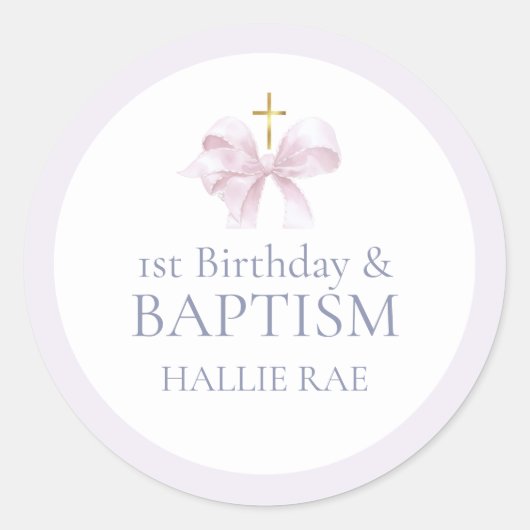 Sticker Rond Filles Pink Bow 1er anniversaire et baptême (Devant)