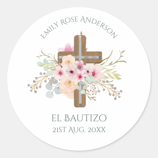 Sticker Rond Filles Pink floral BAUTIZO Baptism Bautismo Nommé (Devant)