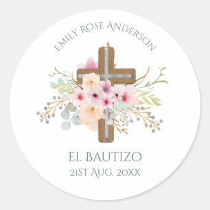 Sticker Rond Filles Pink floral BAUTIZO Baptism Bautismo Nommé