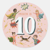 Sticker Rond Filles Pink Superhero Enfants Âge Anniversaire (Devant)