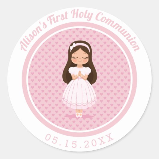 Sticker Rond Filles Première Communion Coeurs roses (Devant)