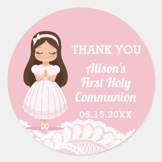Sticker Rond Filles Première Sainte Communion Dentelle rose (Devant)