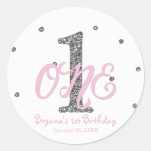 Sticker Rond Filles Rose et Argent ONE 1er Anniversaire Cadeau