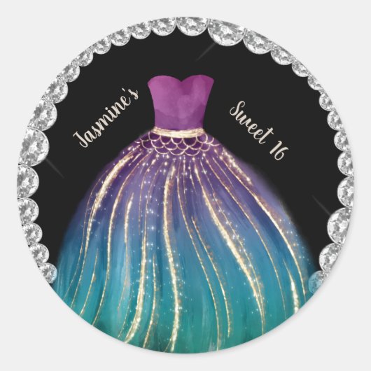 Sticker Rond Filles Sweet 16 Ombre robe et strass (Devant)