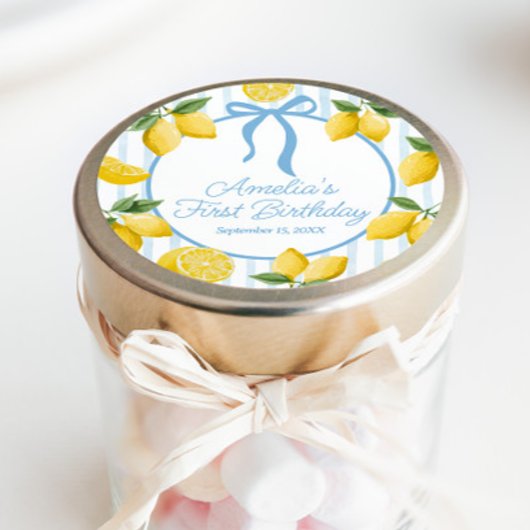 Sticker Rond Filles Whimsical Blue Bow Lemon Amalfi Anniversair