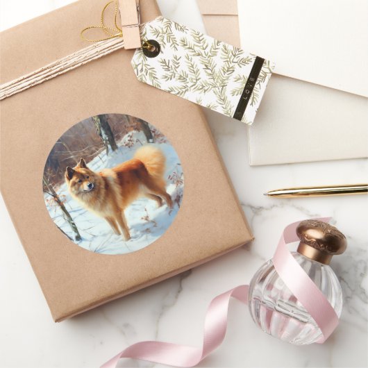Sticker Rond Finnish Spitz Qu'il neige Noël (Cadeaux)