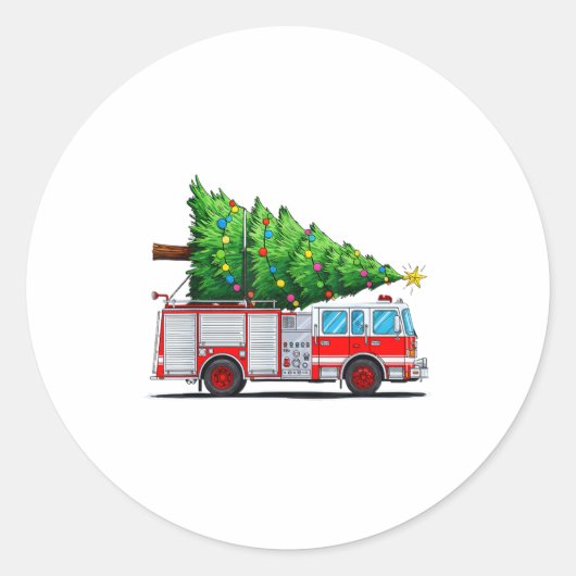 Sticker Rond Fire Truck Christmas Tree Xmas Lights Firefighter  (Devant)
