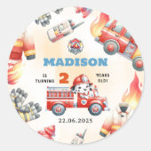 Sticker Rond Fire Truck Firefighter 2e fête d'anniversaire (Devant)