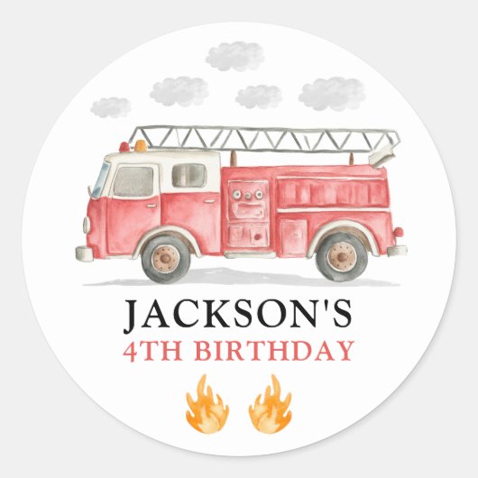 Sticker Rond Firetruck Calling All Firefigthers Boy Birthday (Devant)