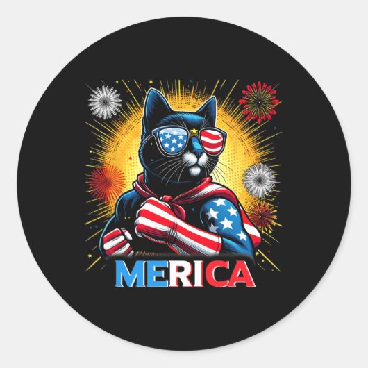 Sticker Rond Fireworks Us Drapeau Patriotique Chat Noir (Devant)