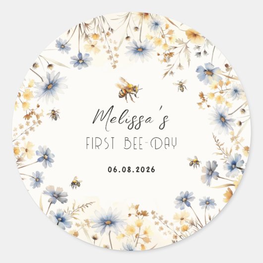 Sticker Rond First Bee Day - Floral 1st Birthday  (Devant)