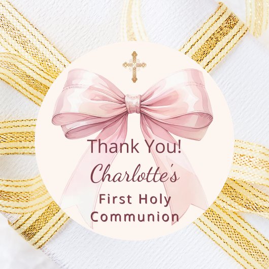 Sticker Rond First Communion pink bow ivory cross thank you