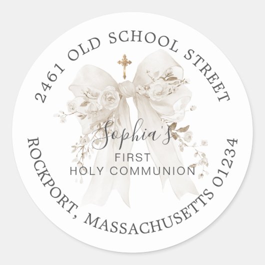 Sticker Rond First Communion White Bow Return Address Label (Devant)