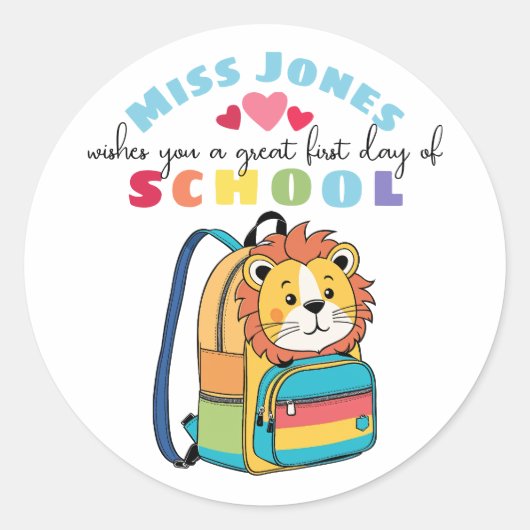 Sticker Rond First Day Lion Backpack Teacher welcome (Devant)