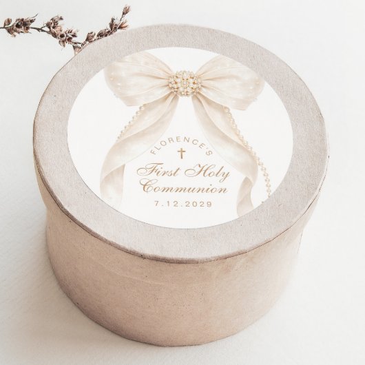Sticker Rond First Holly Communion Gold Cross Ivory Bow