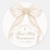 Sticker Rond First Holly Communion Gold Cross Ivory Bow (Devant)