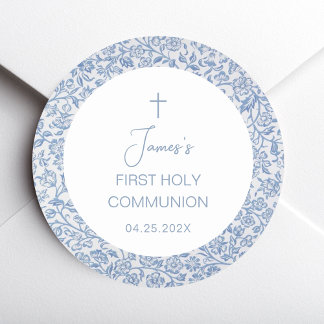 Sticker Rond First Holy Communion Boy Blue White Floral Pattern