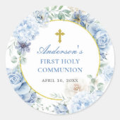 Sticker Rond First Holy Communion Dusty Blue Floral (Devant)