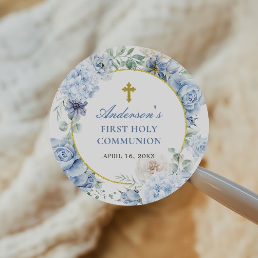 Sticker Rond First Holy Communion Dusty Blue Floral
