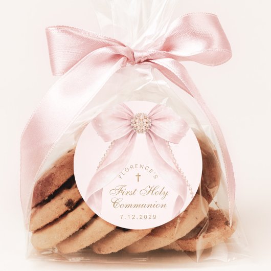 Sticker Rond First Holy Communion Gold Cross Pink Bow