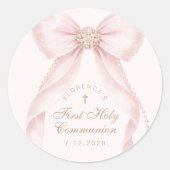 Sticker Rond First Holy Communion Gold Cross Pink Bow (Devant)