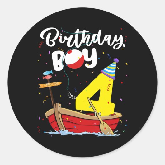 Sticker Rond Fisherman 4th Birthday Boy Fishing 4 Year Old (Devant)