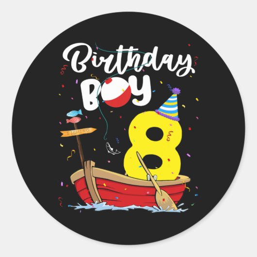 Sticker Rond Fisherman 8th Birthday Boy Fishing 8 Year Old (Devant)