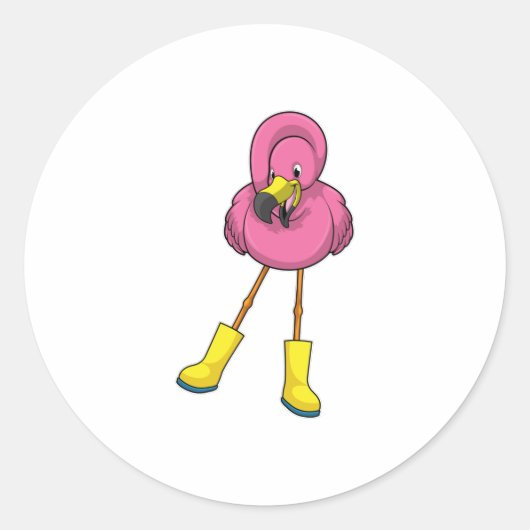 Sticker Rond Flamant rose à la pluie avec bottes en caoutchouc (Devant)