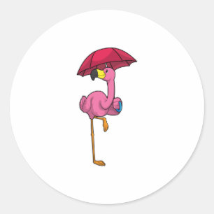 Sticker Rond Flamant rose à la pluie avec parapluie