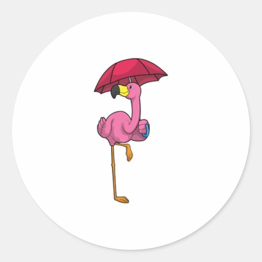 Sticker Rond Flamant rose à la pluie avec parapluie (Devant)